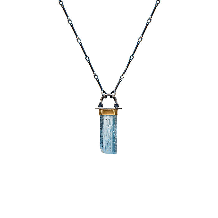 Aquamarine crystal necklace- sterling silver+ 22K gold