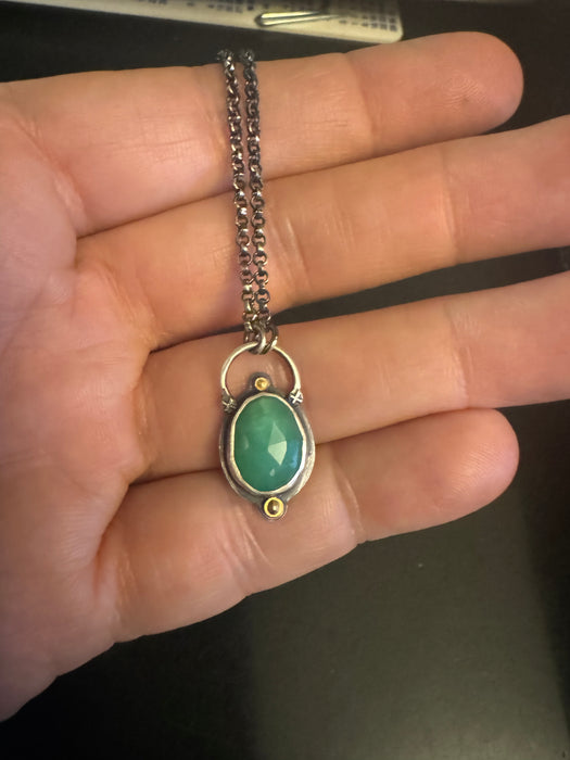 Rose Cut Chrysoprase Necklace - Sterling Silver + 18k Gold