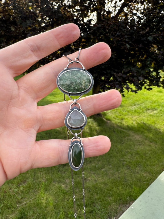 Three Stone Necklace with Montana Jade and Aquamarine