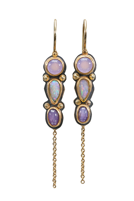 Chalcedony, Opal and Pink Sapphire Talking Stone Earrings - Sterling + 22k + 18k Gold