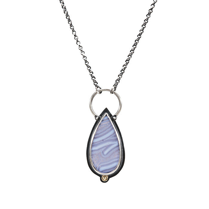 Blue Lace Agate Necklace - Sterling + 18k Gold