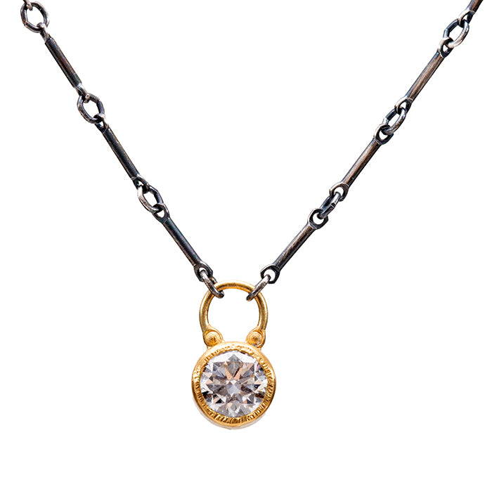 Diamond Necklace - 1ct LG Diamond - Sterling Silver + 22k Gold + 18k Gold