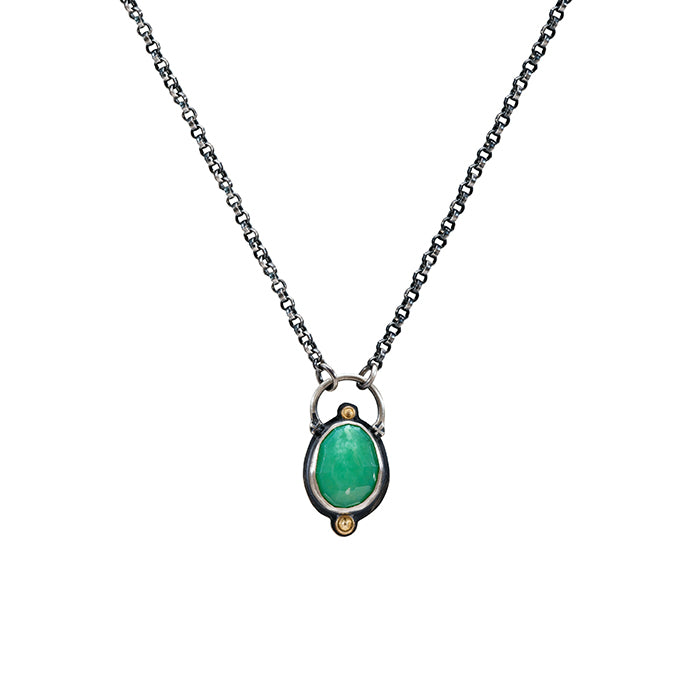 Rose Cut Chrysoprase Necklace - Sterling Silver + 18k Gold