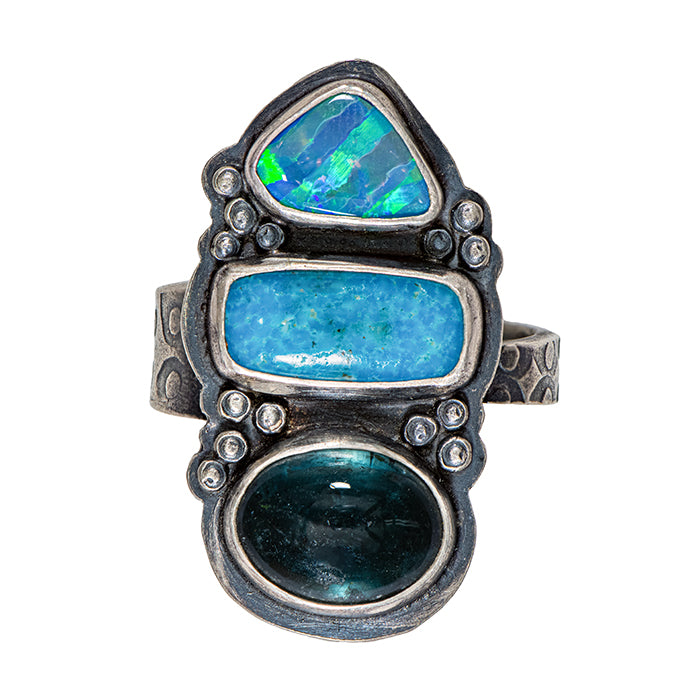 Turquoise With Blue Tourmaline and Opal Ring - Sterling Silver