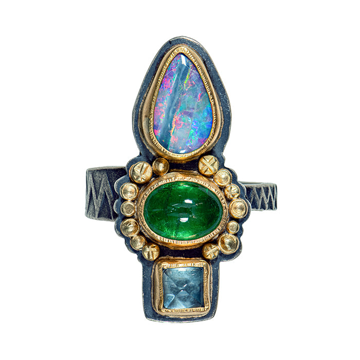 Opal, Tsavorite Garnet and Aquamarine Ring - Sterling + 22k + 18k Gold